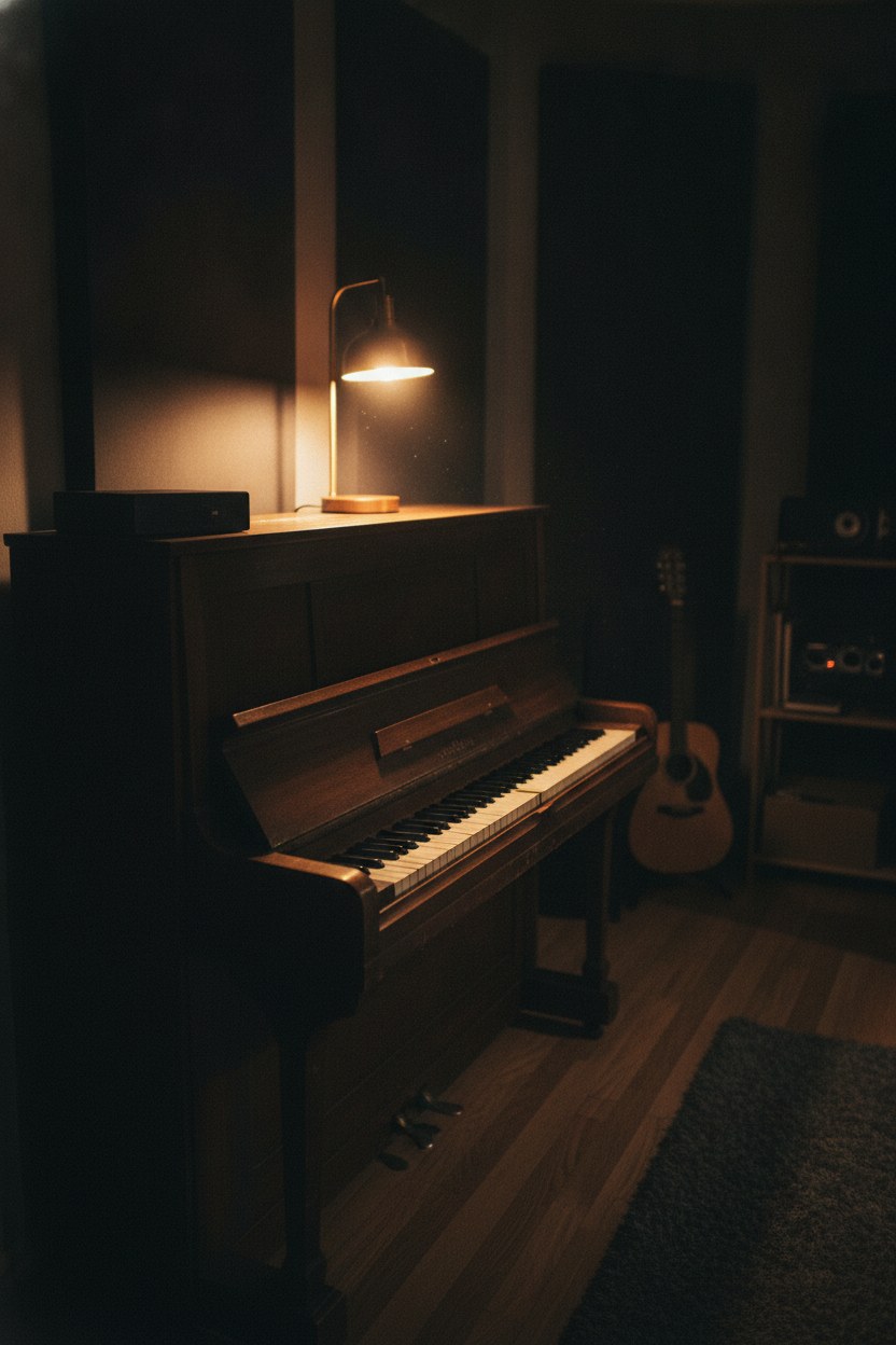 Loş ışıkta duran akustik piyano ve abajur